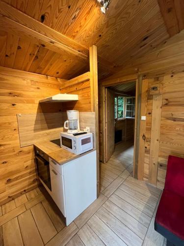 - une cuisine équipée d'une cuisinière et d'un four micro-ondes dans une cabine dans l'établissement Chalet 2 chambres, à Coullons