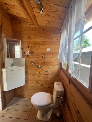 La salle de bains en bois est pourvue de toilettes et d'un lavabo. dans l'établissement Chalet 2 chambres, à Coullons