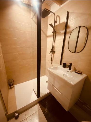 une salle de bain avec un lavabo blanc et un miroir dans l'établissement Le cocon de Lormont, à Lormont