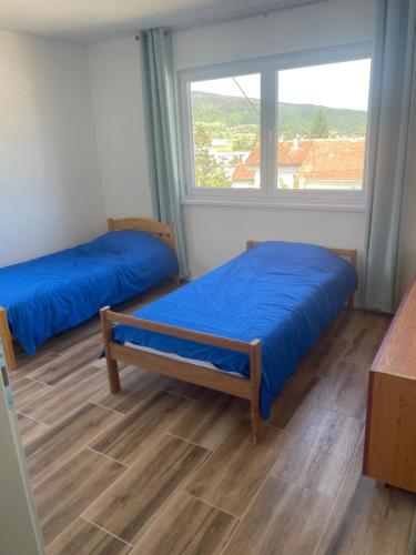 two beds in a room with a window at Vidovdanska house in Šipovo