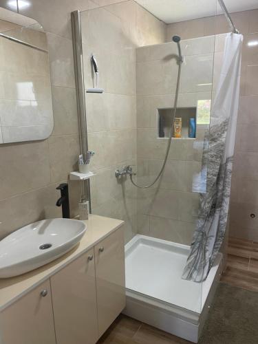 a bathroom with a shower and a sink at Vidovdanska house in Šipovo