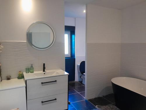 une salle de bain avec un lavabo, des toilettes et un miroir dans l'établissement Vacances entre plage et montagnes, à Baigts-de-Béarn