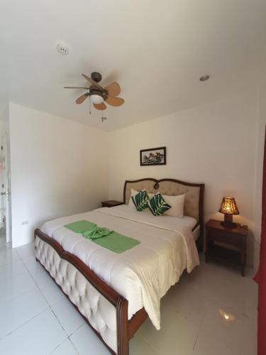 a bedroom with a bed with a ceiling fan at Moalboal Tropics in Moalboal