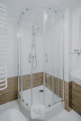 a bathroom with a shower and a sink at OSW Moszczeniczanka in Zakopane