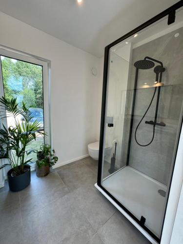 a glass shower in a bathroom with a toilet at GET WILD brīvdienu māja in Dzelmes
