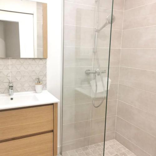 une salle de bain avec douche et lavabo dans l'établissement Le cottage patio, à Ferrières