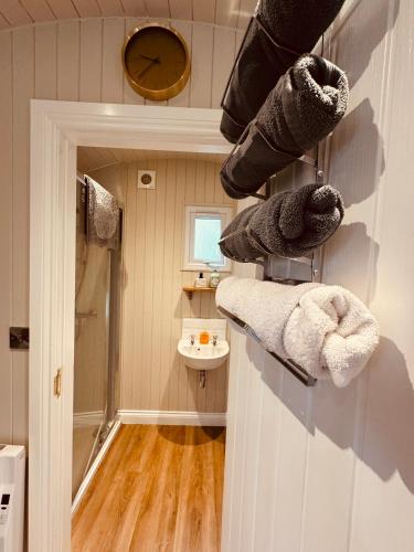 a bathroom with a sink and towels on a wall at Bodos’ Shepards Hut in Durham