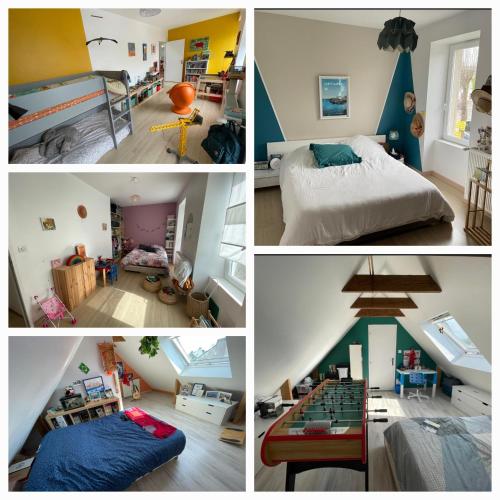 un collage de quatre photos d'une chambre dans l'établissement Maison de famille en bord de mer, à Plougonvelin