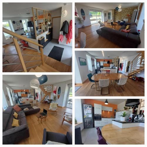quatre photos différentes d'un salon et d'une salle à manger dans l'établissement Maison de famille en bord de mer, à Plougonvelin