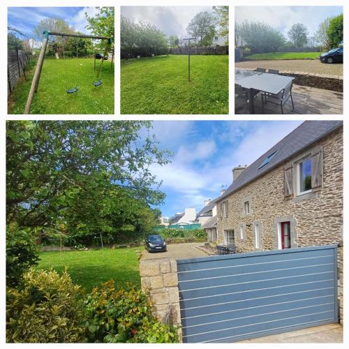 un collage de trois photos d'une maison et d'une cour dans l'établissement Maison de famille en bord de mer, à Plougonvelin