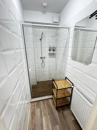 a walk in shower in a bathroom with white tiles at SZE Business Apartman in Győr