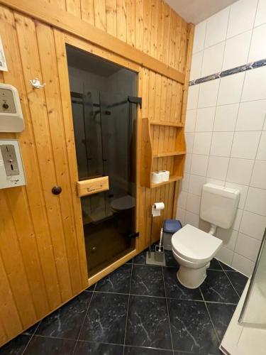 La salle de bains est pourvue de toilettes et d'une porte en verre. dans l'établissement Ferienwohnungen Wiek, Haus Luv & Lee, à Wiek auf Rügen