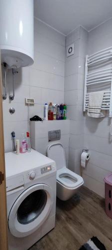 a bathroom with a washing machine and a toilet at Vacation Apartment City Kvart in Podgorica