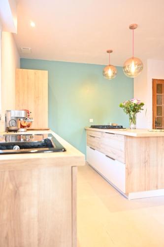 a kitchen with a stove and a counter top at Nature Nest in Pontivy