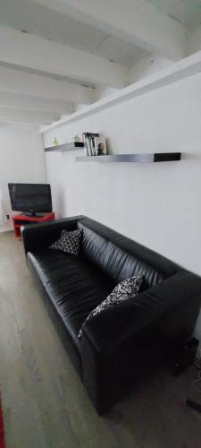 - un canapé en cuir noir dans le salon dans l'établissement Appartement centre ville, à Nantes