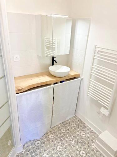 une salle de bain avec un lavabo et un miroir dans l'établissement Les Halles studio unique et cosy, à Limoges