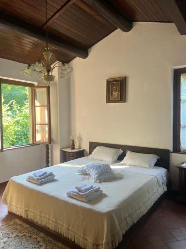 a bedroom with a large bed with towels on it at La Cascata in Pian di Scò