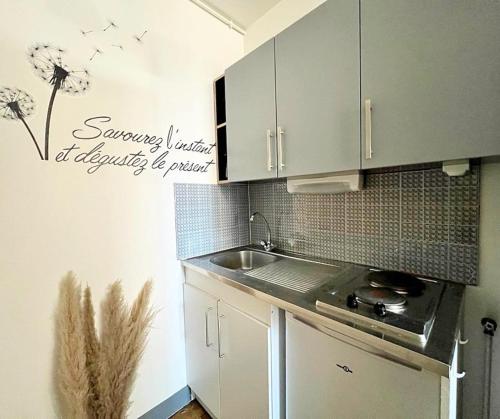 une cuisine avec des armoires blanches et un évier dans l'établissement Les Jours Calmes, studio chaleureux, à Limoges