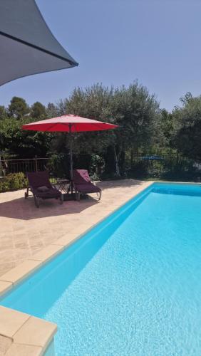 - une piscine avec un parasol rouge, 2 chaises et une table dans l'établissement Le Mas du Sud, à Draguignan
