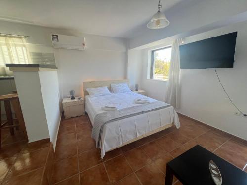 a bedroom with a white bed and a window at Galini 2 in Akrogiali