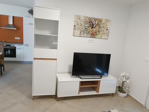 a living room with a tv on a white cabinet at Apartma LANA in Koper