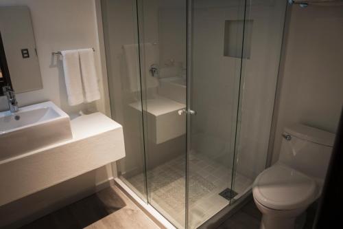 a bathroom with a shower and a toilet and a sink at Hotel Platino Expo in Guadalajara