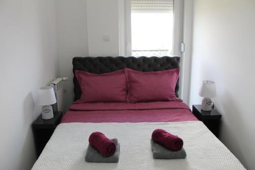a bedroom with a large bed with two red pillows at Zara Lux Panorama in Kragujevac