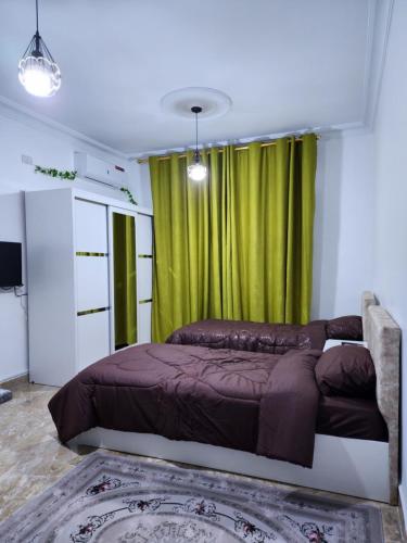una camera da letto con un letto con una tenda verde di Salo StudioS ad Amman