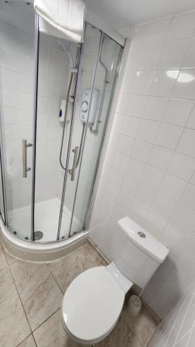 a white bathroom with a toilet and a shower at Gatwick Castle B&B in Horley