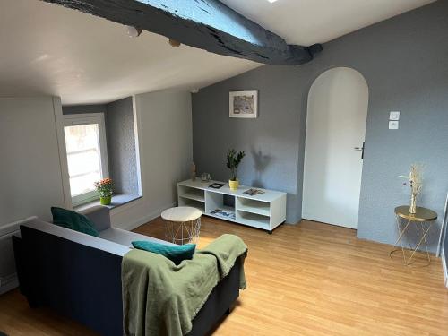 un salon avec un canapé et une table dans l'établissement Zen Appartement Centre-ville, à Niort