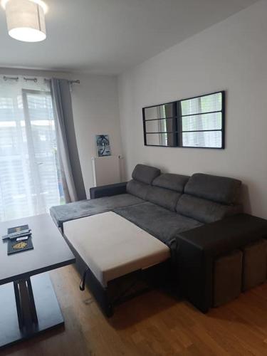 un salon avec un canapé et une table dans l'établissement Super appartement moderne T2, à Gagny