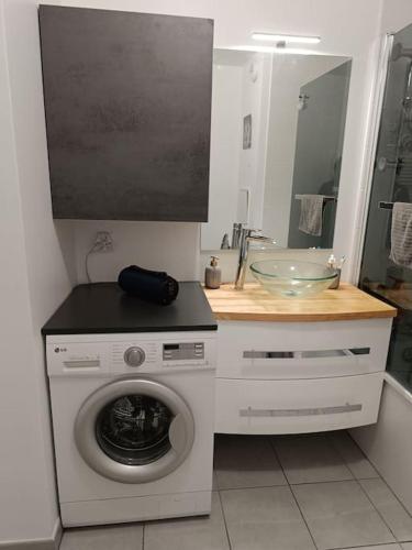 une salle de bain avec une machine à laver et un lavabo dans l'établissement Super appartement moderne T2, à Gagny