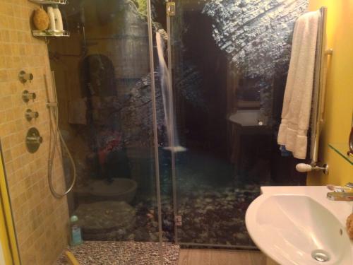 y baño con ducha y puerta de cristal. en Appartamento Chappelette, en Breuil-Cervinia