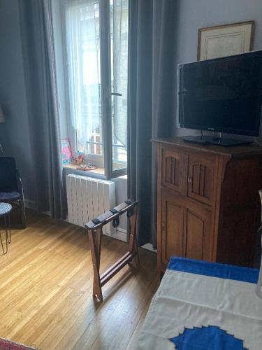 - un salon avec une télévision à écran plat sur une armoire en bois dans l'établissement Chambre d'hôtes La grotte de Voltaire, à Nantes