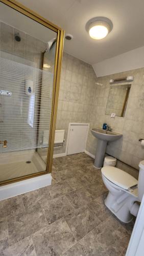 a bathroom with a toilet and a shower and a sink at Gatwick Castle B&B in Horley