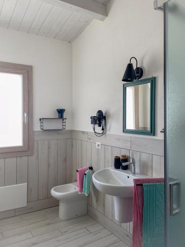 a bathroom with a sink and a toilet and a mirror at IS PUDDAS de Monica GuestHouse in Cagliari