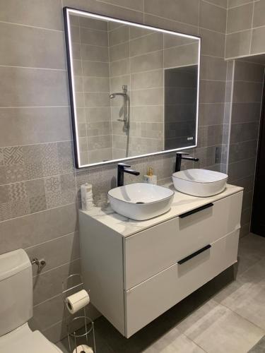 a bathroom with two sinks and a large mirror at Domaine du cheval d’argent in Saiguède