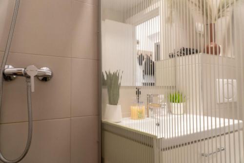 a bathroom with a shower and a mirror at Studio Accommodation City Center in Iaşi