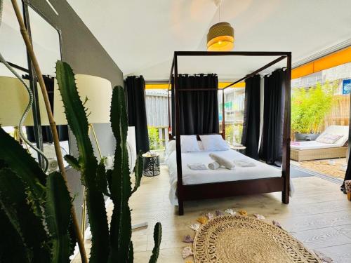 - un miroir dans une chambre avec un lit et un cactus dans l'établissement Loft atypique13Om2-salon de 40m2, rooftop et patio couvert dép tardif 13H-PKG gratuit privé sur place ,clim, à Bordeaux