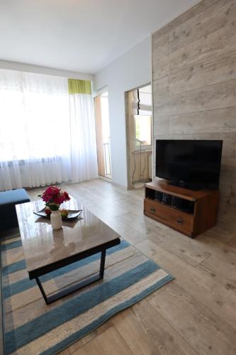 a living room with a television and a coffee table at Blue City Szczecin Apartment in Szczecin