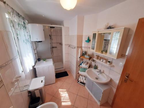a bathroom with a sink and a toilet and a mirror at Solis in Sveti Vid-Miholjice