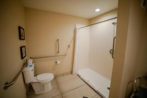 a bathroom with a toilet and a shower at Comfort Suites University Brookings in Brookings