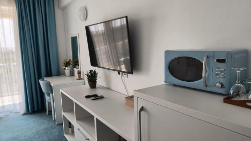 a room with a microwave on top of a counter at Studio Privat Reea Olimp in Olimp