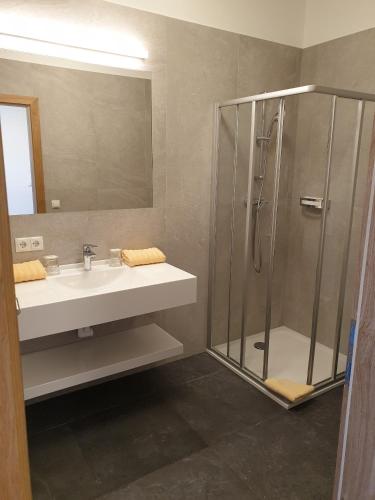 a bathroom with a sink and a shower at Hanneshof in Flachau