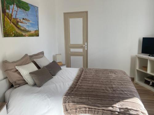 une chambre avec un grand lit et une télévision dans l'établissement Gite d'Alexandra, à Saint-Germain-et-Mons