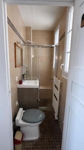 une salle de bain avec toilettes, lavabo et douche dans l'établissement La maison du bonheur à Charonne, à Paris