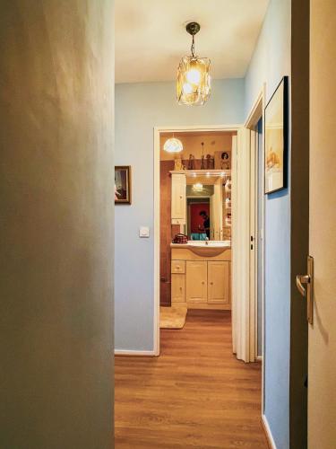 - un couloir d'une cuisine avec une porte menant à une chambre dans l'établissement Flat in Noisy-Le-Grand, à Noisy-le-Grand