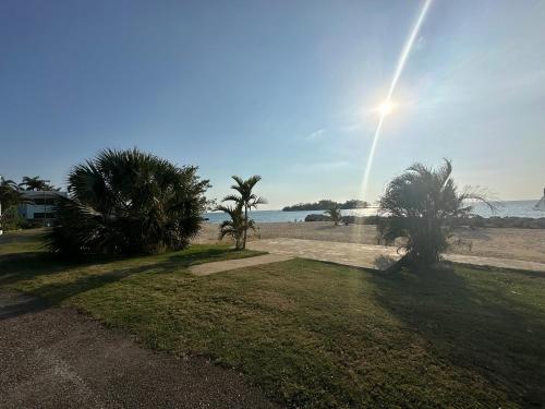 a view of a beach with palm trees and the ocean at Seaside 2 Bedroom Oasis at 7 Miles Beach, Negril, Point Village in Negril