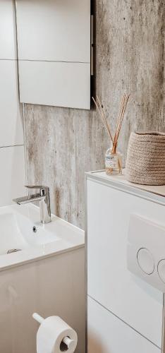 a white bathroom with a sink and a toilet at Elly's Broekhuisje in Haarle