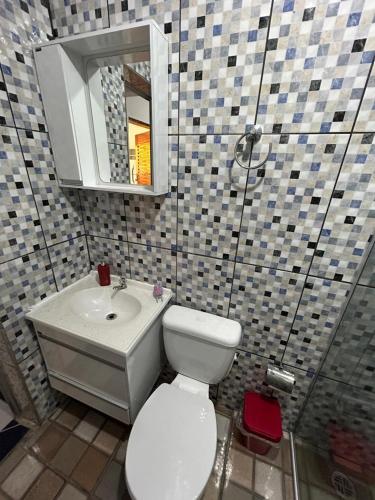 a bathroom with a toilet and a sink and a mirror at Studio Cotia Centro próximo ao Animalia Park CT do São Paulo Thermas da Mata Shopping Central Park in Cotia